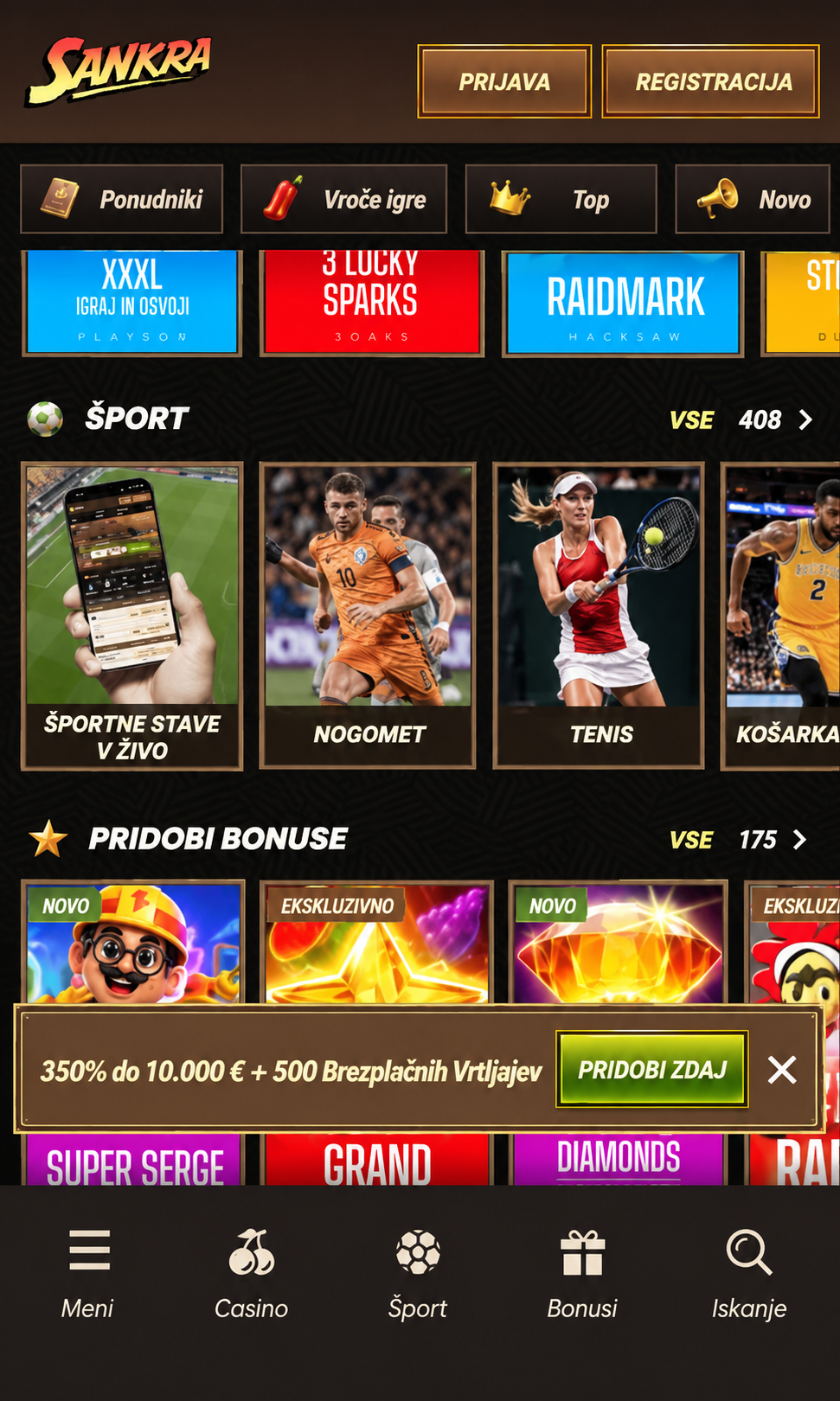 Sankra casino mobile app cashier page with payment method selection